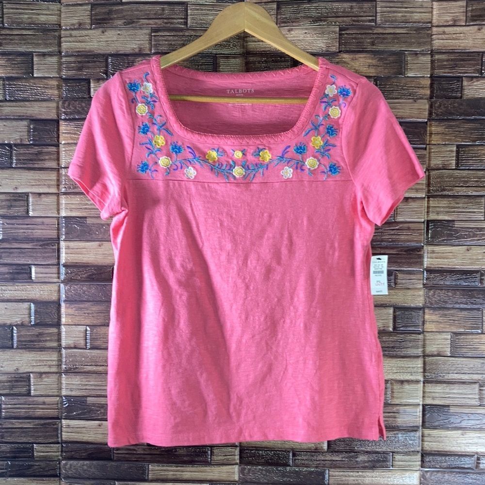 NWT EMBROIDERED SQUARE NECK Camellia Talbots Small Petite Top